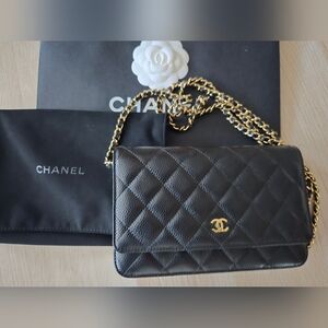 CHANEL WOC Black Quilted Leather Crossbody with Gold Chain
